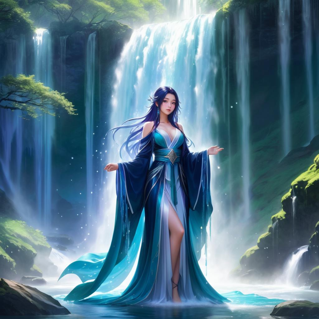 Ethereal Sorceress Under Waterfall