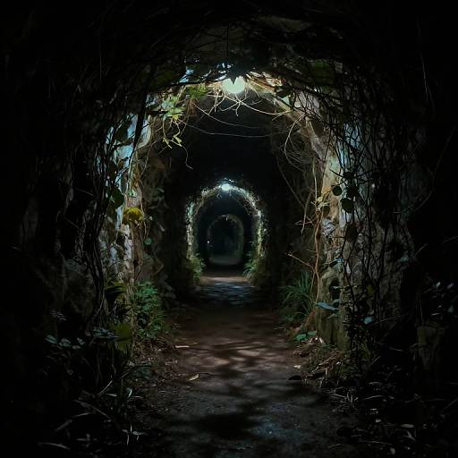 Photograph of a dark, narrow, moss-covered stone tunnel with dim overhead lights, leading to a distant, illuminated archway in the background.