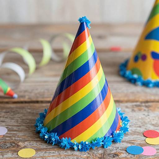 Photograph of a colorful, spiral-striped party hat with blue pom-pom trim, placed on a rustic wooden table with confetti and a blurred second