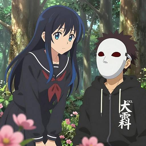 Anime Characters in Forest with School Uniform and Mask