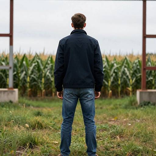 Man in Grassy Field with Corn Background