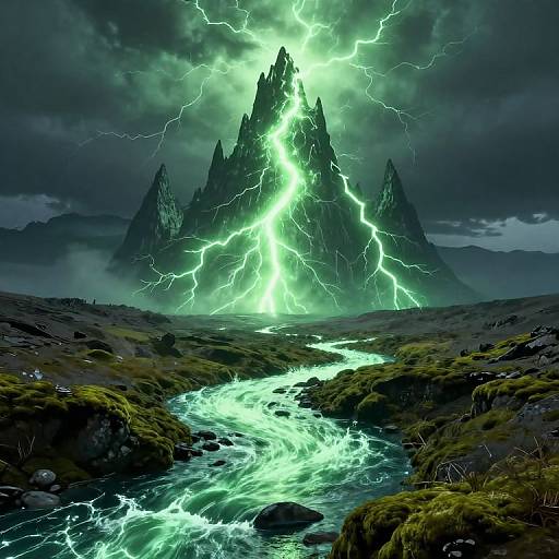 Digital artwork of a dramatic landscape with jagged, green-lit mountains struck by vibrant lightning, illuminated by a glowing river flowing through mossy, rocky