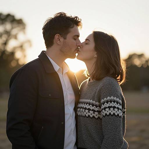 Photograph of a romantic couple kissing at sunset, backlit; man in black jacket, white shirt; woman in gray knit sweater.