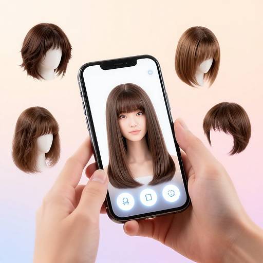 Photorealistic digital image of hands holding a smartphone displaying a woman's face, surrounded by six different brown wavy hair models.