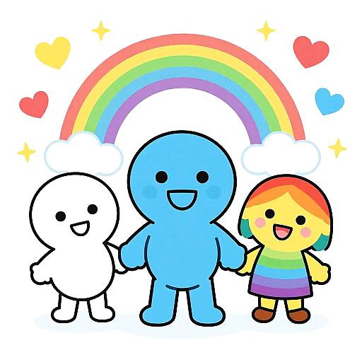 Cute digital drawing of three chibi-style characters: white, blue, and rainbow-haired, standing under a colorful rainbow with hearts and sparkles.