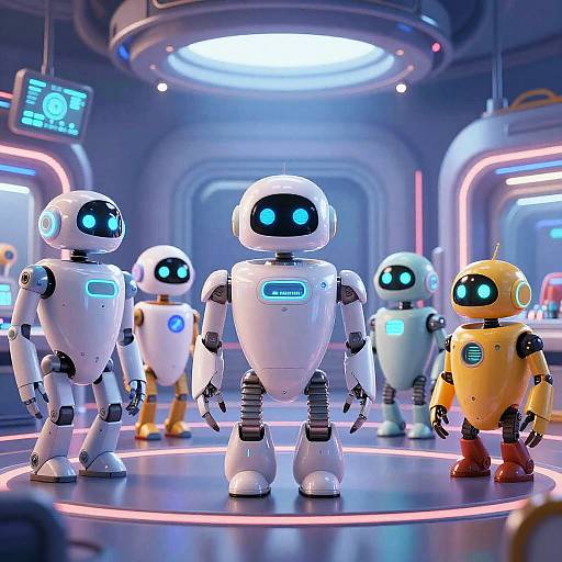 Photorealistic CGI of five colorful, glowing, humanoid robots with blue eyes standing on a circular stage in a futuristic, neon-lit lab.