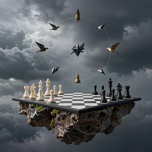 Floating Chess Island in Stormy Sky