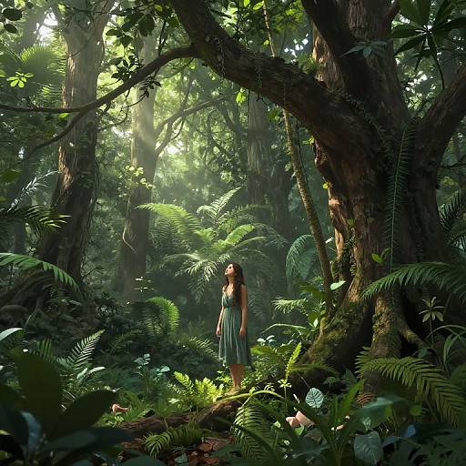 Photograph-like digital art of a young woman with long brown hair in a green dress standing in a sunlit, dense, lush forest with tall trees