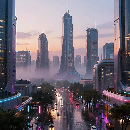 Neon-lit futuristic cityscape at dusk, featuring towering skyscrapers, misty streets, vibrant streetlights, and a curved, glowing highway
