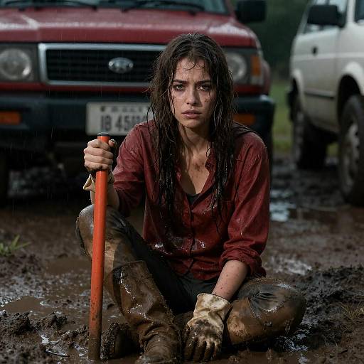 Muddy Night Scene with Intense Woman