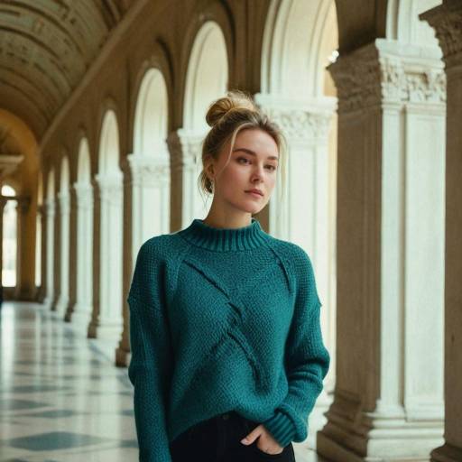 Woman in Green Sweater in Historic Corridor