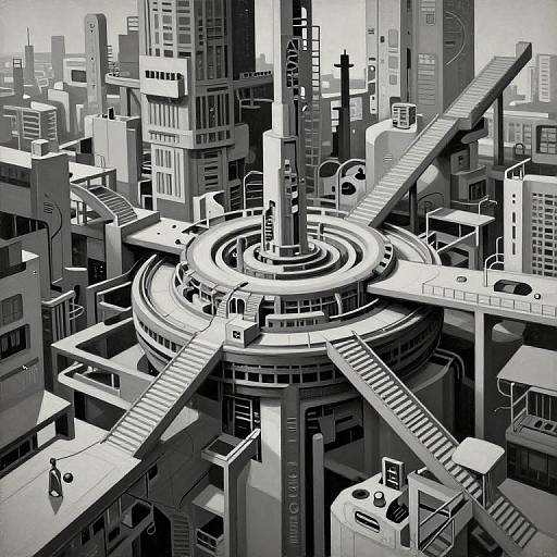 Black-and-white digital illustration of a futuristic, towering cityscape with geometric buildings, elevated walkways, and a central circular structure.