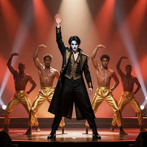 Dramatic Stage: Gold-Embroidered Lead and Dancers