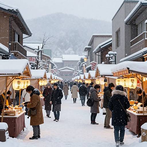 Photograph of a snowy outdoor market at night, with illuminated wooden stalls, people in winter coats, and snow-covered buildings.