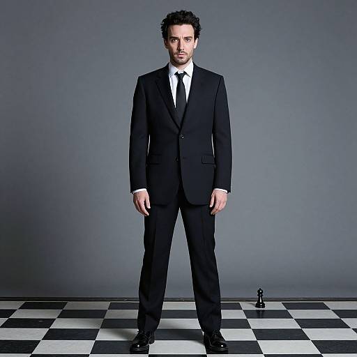 Photograph of a curly-haired, bearded man in a black suit, white shirt, and black tie, standing on a black-and-white checkered
