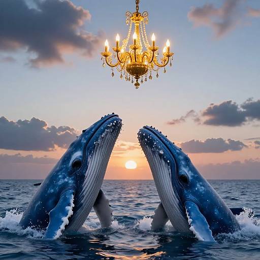 Photograph of two blue whales emerging from ocean, facing each other under a glowing golden chandelier at sunset with clouds.