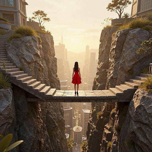 Digital art: A girl in a red dress stands on a rocky bridge, facing a sunlit cityscape with skyscrapers and trees.