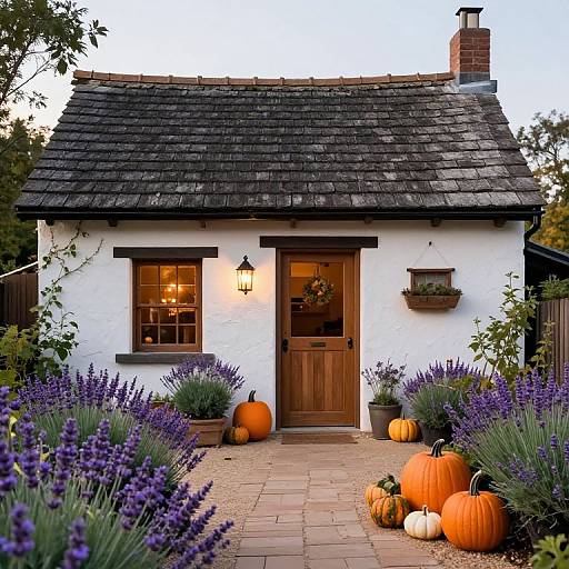 Photograph of a quaint white cottage with a dark shingle roof, wooden door, lanterns, surrounded by purple lavender, orange pumpkins, and