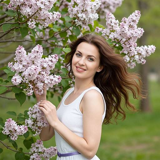 Photograph of a smiling young woman with long brown hair, wearing a white sleeveless dress, standing among blooming pink lilac bushes in a lush
