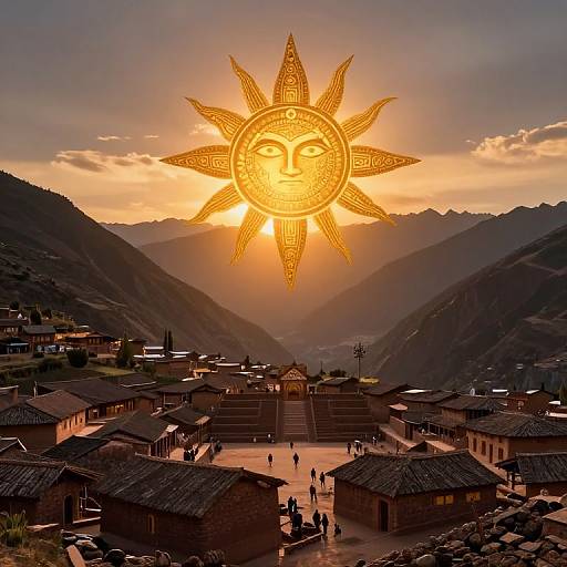 Photograph of a sunlit Andean village with traditional stone buildings, people walking, and a large, radiant sun with a human face centered in the