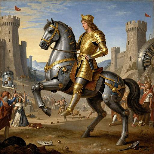 Medieval painting of a regal knight in gold armor riding a silver horse, surrounded by soldiers and castle towers, under a sunset sky.