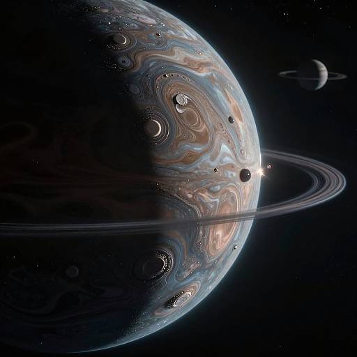 Digital art of a gas giant planet with swirling clouds, rings, and moons, set against a dark, star-speckled space background.