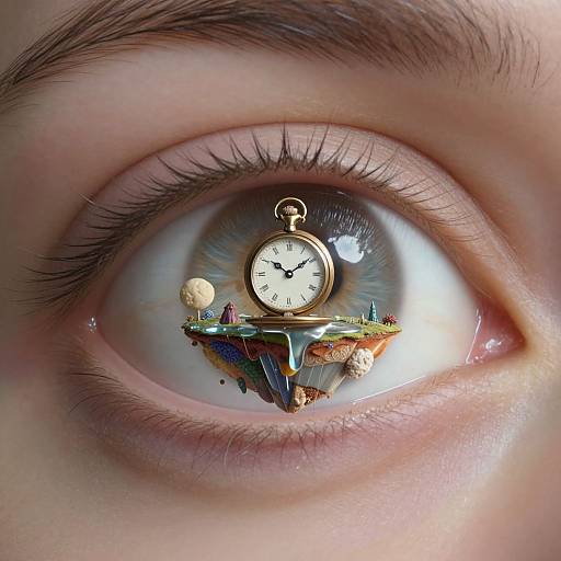 Close-up photograph of a human eye with a miniature floating island, clock, and small objects reflected in the pupil.