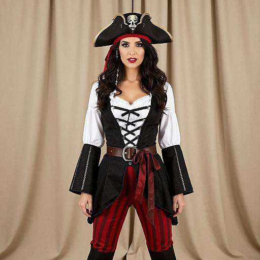 Photograph of a woman in a pirate costume: black tricorn hat, white shirt, black vest, red-striped pants, brown belt, standing against