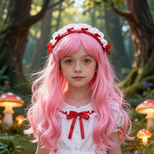 Photograph of a young girl with long pink hair, white dress, red bows, and a white headband, standing in a forest with glowing mushrooms