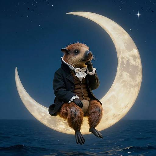 Digital artwork of a furry, anthropomorphic badger in a Victorian suit, sitting on a glowing crescent moon over a dark ocean at night.