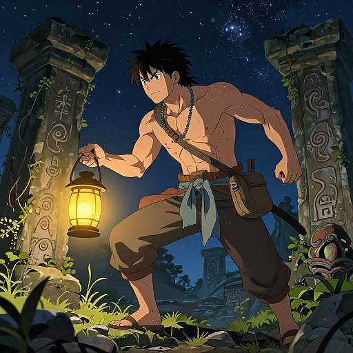 Anime-style drawing of a muscular, shirtless male with black hair, holding a lantern between ancient stone pillars at night. Starry sky, grass,
