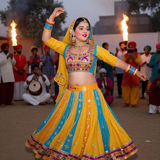 Photograph of a traditional Indian dancer in vibrant yellow and blue attire, adorned with jewelry, performing with torches in the background.