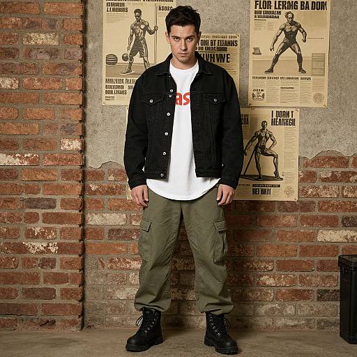 Photograph of a handsome man with short dark hair, wearing a black denim jacket, white shirt, green cargo pants, and black boots, standing against