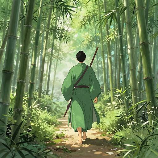 Wandering Monk in Serene Bamboo Forest