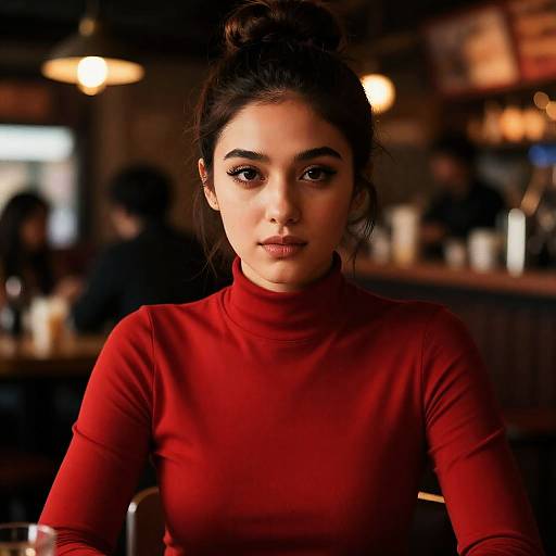 Woman in Red Turtleneck in Cafe