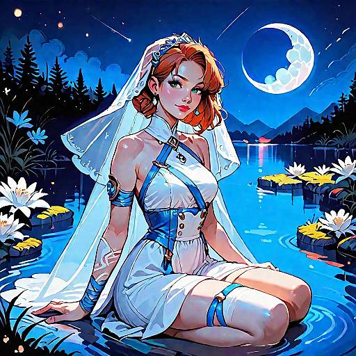 Smiling Bride by Moonlit Night Lake