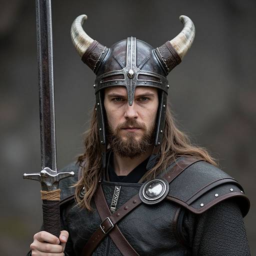 Photograph of a bearded Viking warrior with long brown hair, horned helmet, and dark armor, holding a sword, looking intense.