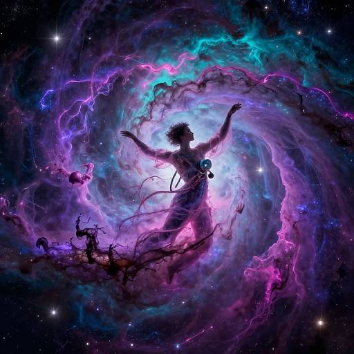 Silhouetted figure with outstretched arms amidst vibrant, swirling cosmic nebula featuring purple, blue, and pink hues. Digital art.