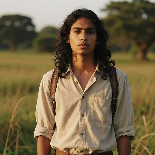 Photograph of a young Indian man with long black hair, wearing an unbuttoned white shirt and brown suspenders, standing in a grassy field