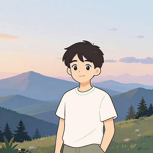 Cartoon-style digital drawing of a smiling young boy with short black hair, wearing a white T-shirt, standing in a mountainous landscape at sunset.