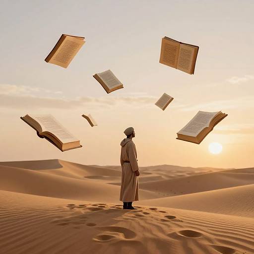 Silhouetted figure in traditional robes stands in desert at sunset, surrounded by floating open books in golden light.
