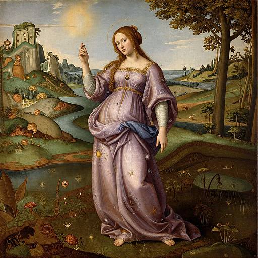 Renaissance painting of a pregnant woman in a lavender gown, holding a small flower, standing in a lush, detailed landscape.