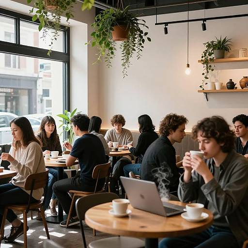 Bustling Urban Café with Greenery