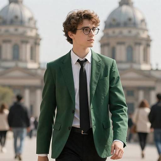 Young man in green blazer walking outdoors