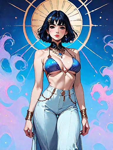 Fantasy Woman in Blue Bikini and Sheer Palazzo Pants