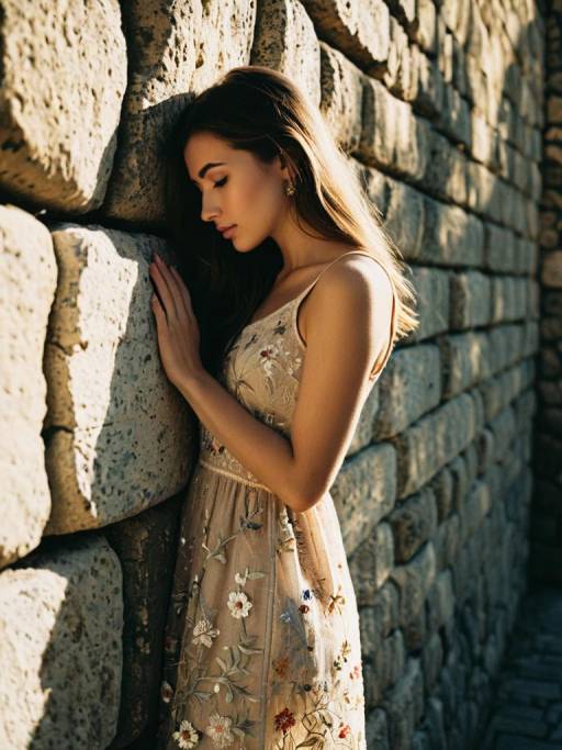 Young Woman Leaning on Stone Wall