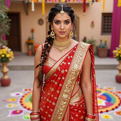 Photograph of an Indian bride in a red and gold traditional saree, adorned with gold jewelry, standing in a colorful, festive courtyard.