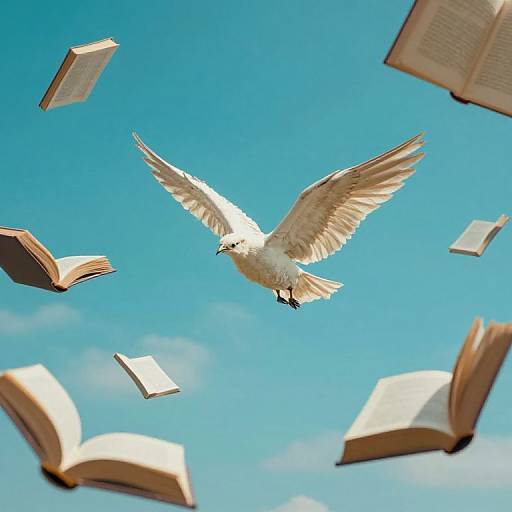 Photograph of a white seagull with outstretched wings soaring against a bright blue sky, surrounded by floating open books.