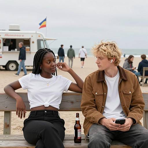 Young Couple Sitting on Beach Bench