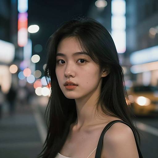 Photograph of a young Asian woman with long black hair, fair skin, and subtle makeup, standing on a neon-lit urban street at night,